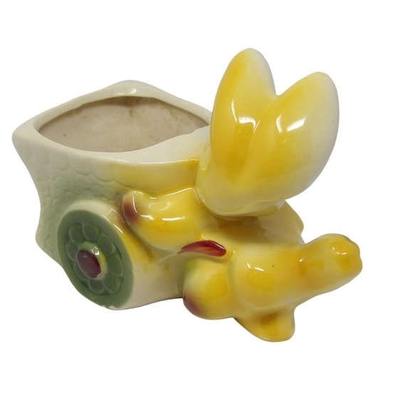 Vintage Kitschy Yellow Bunny Rabbit Pushing Cart Planter 5" H x 6 3/4" L x 3" D - Picture 6 of 10